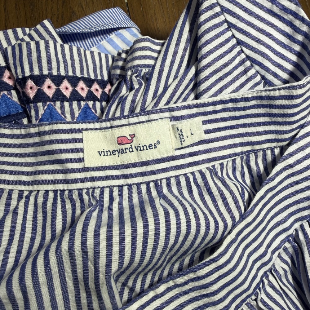 Vineyard Vines Blue and White Striped Embroidered Hem Blouse - Picture 2 of 4